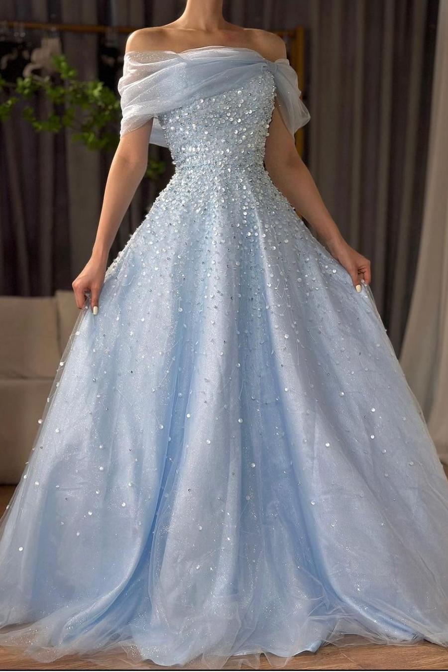 Off the Shoulder Sleeveless Long Formal Dress With Beading Tulle