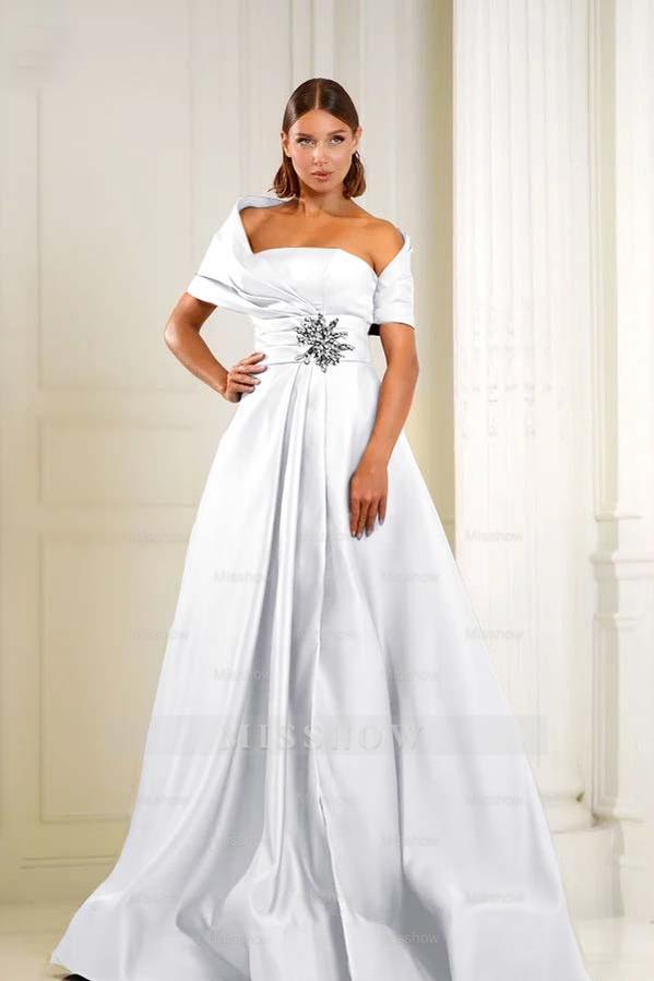 Off the Shoulder Sleeveless Long Formal Dress With Pleated Beading