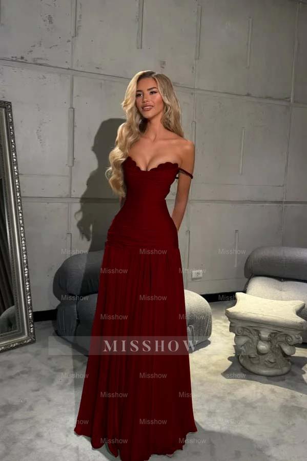 Off the Shoulder Sleeveless Long Formal Dress With Pleated Sequins