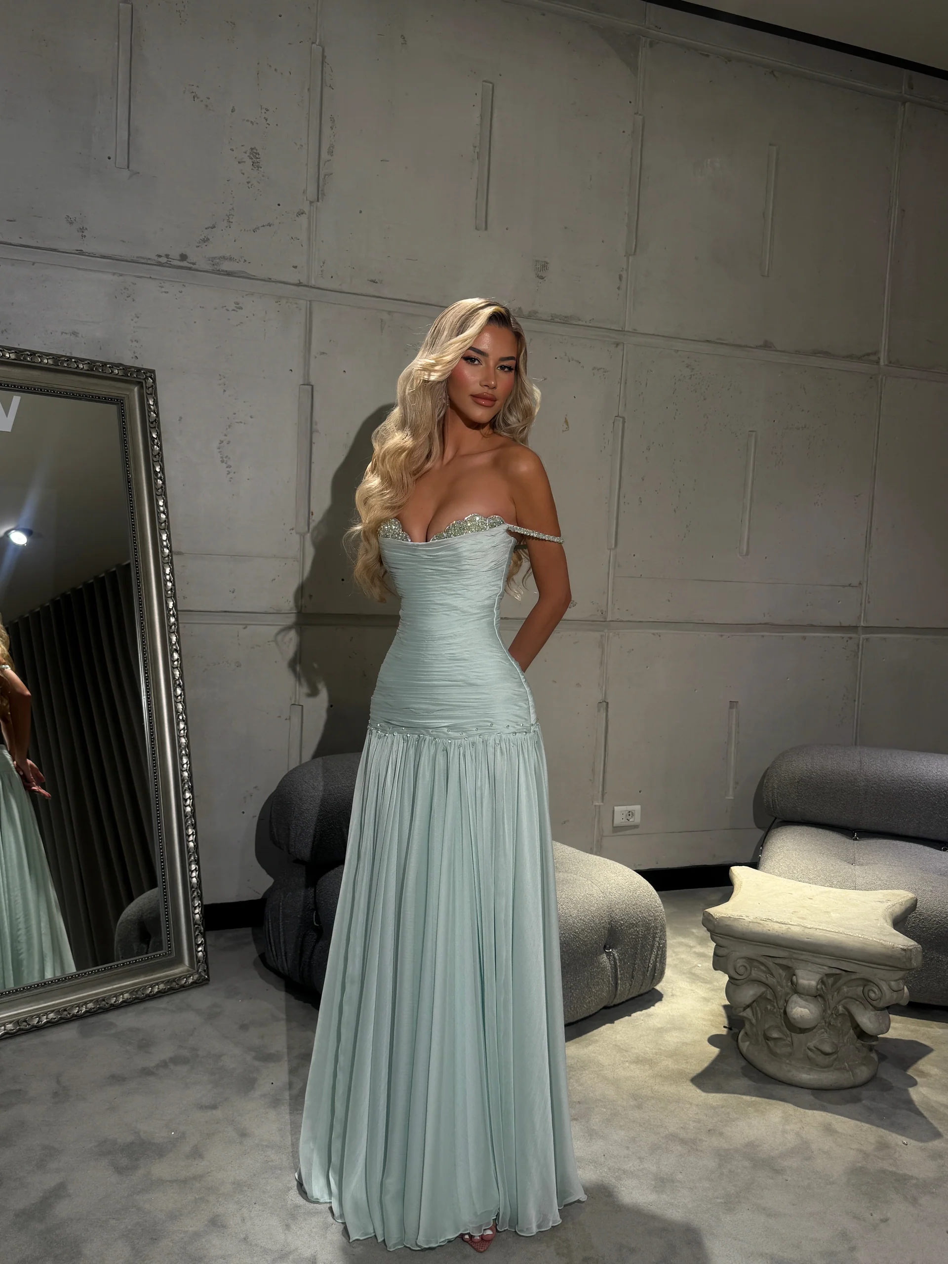 Off the Shoulder Sleeveless Long Formal Dress With Pleated Sequins