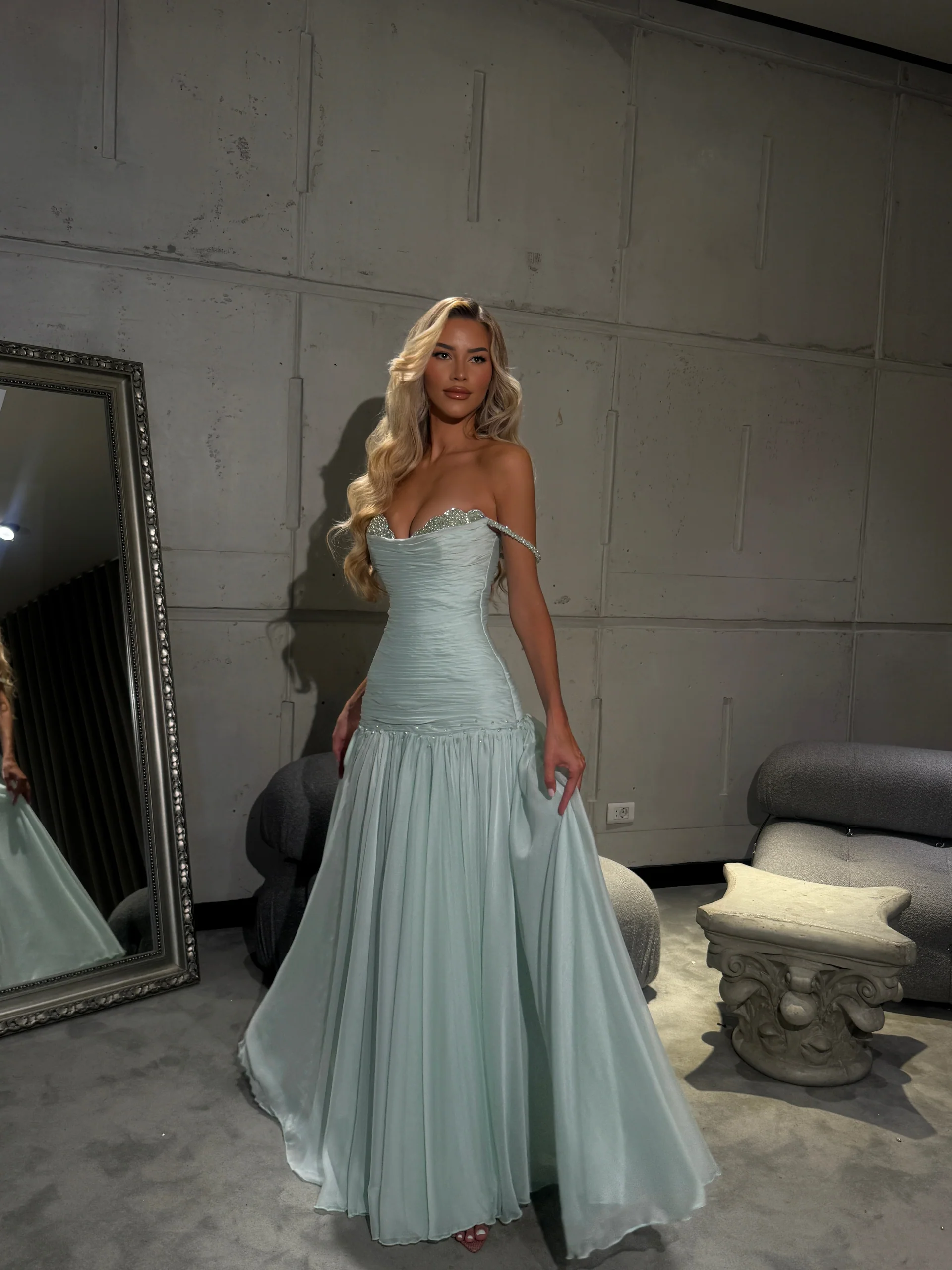 Off the Shoulder Sleeveless Long Formal Dress With Pleated Sequins