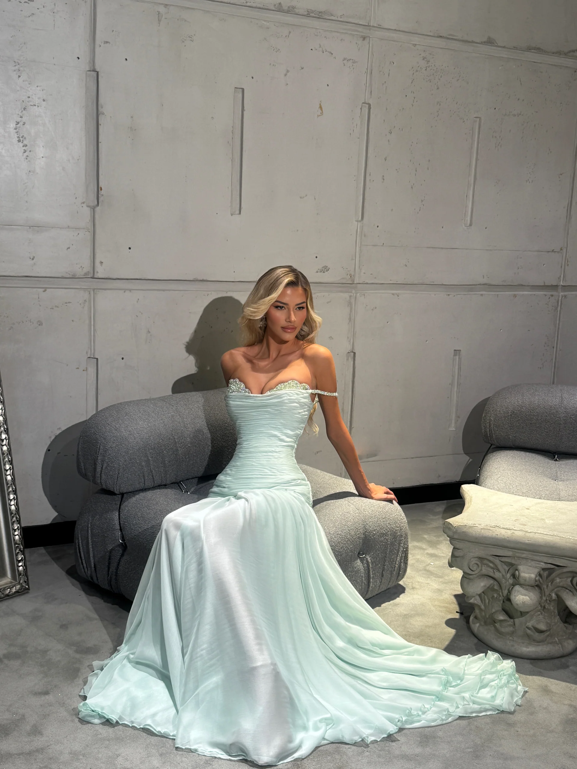 Off the Shoulder Sleeveless Long Formal Dress With Pleated Sequins