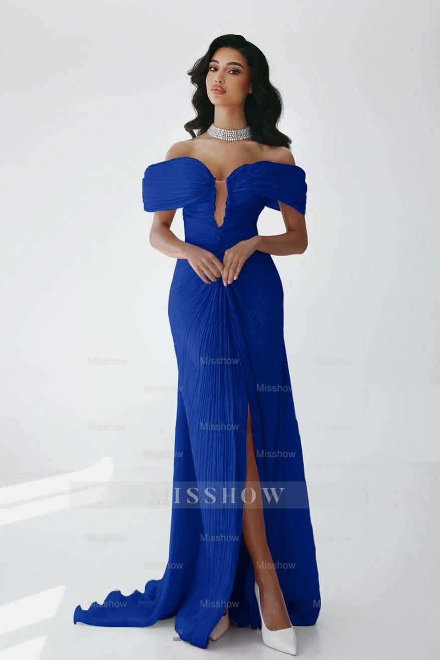 Off the Shoulder Sleeveless Long Mermaid Formal Dress With Ruffles Pleated