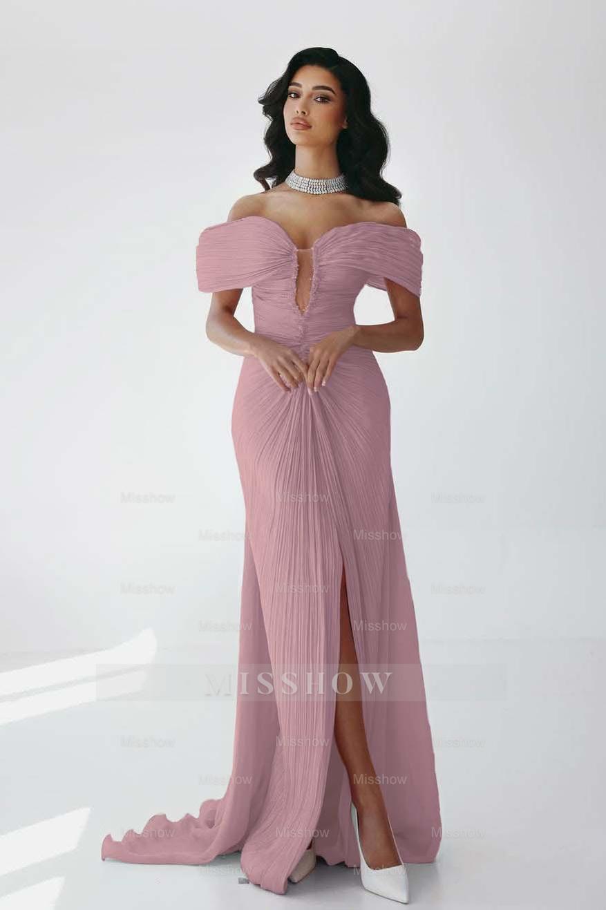 Off the Shoulder Sleeveless Long Mermaid Formal Dress With Ruffles Pleated