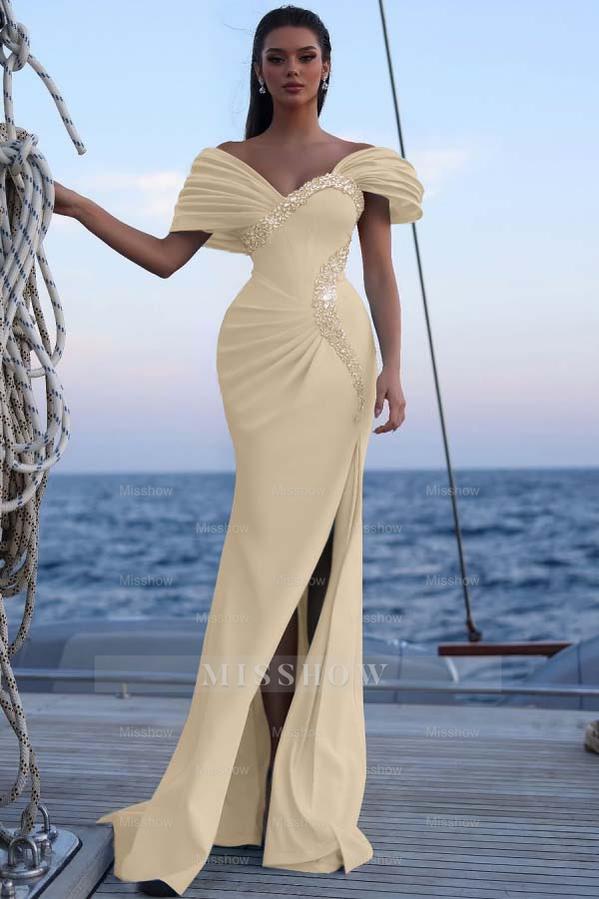 Off the Shoulder Sleeveless Long Mermaid Formal Dress With Sequins