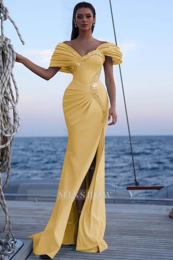 Off the Shoulder Sleeveless Long Mermaid Formal Dress With Sequins