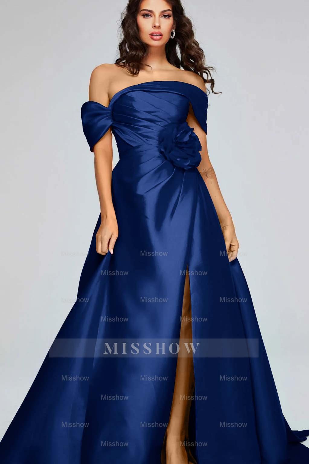 Off the Shoulder Sleeveless Long Split Formal Dress With Pleated