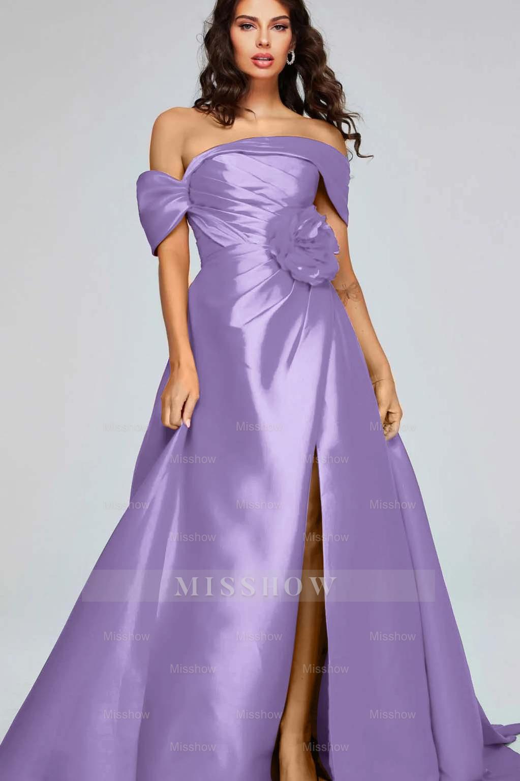 Off the Shoulder Sleeveless Long Split Formal Dress With Pleated