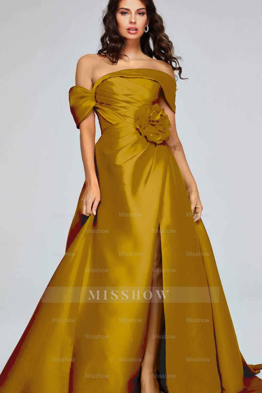 Off the Shoulder Sleeveless Long Split Formal Dress With Pleated