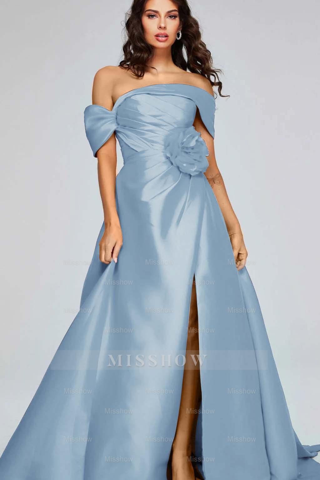 Off the Shoulder Sleeveless Long Split Formal Dress With Pleated