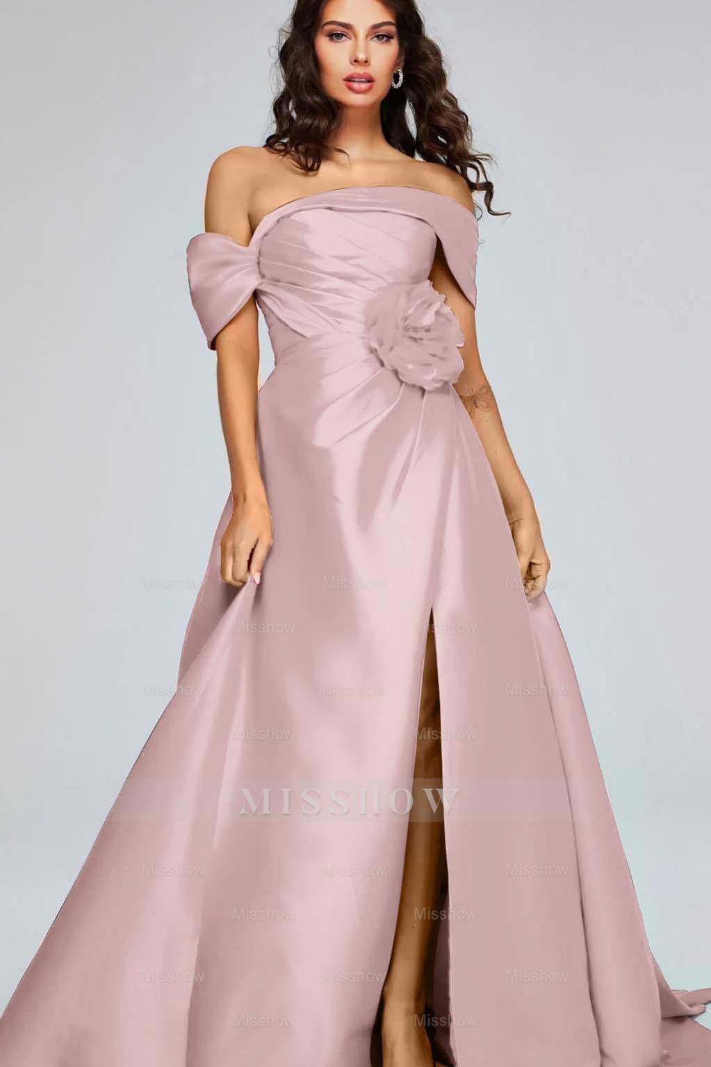 Off the Shoulder Sleeveless Long Split Formal Dress With Pleated