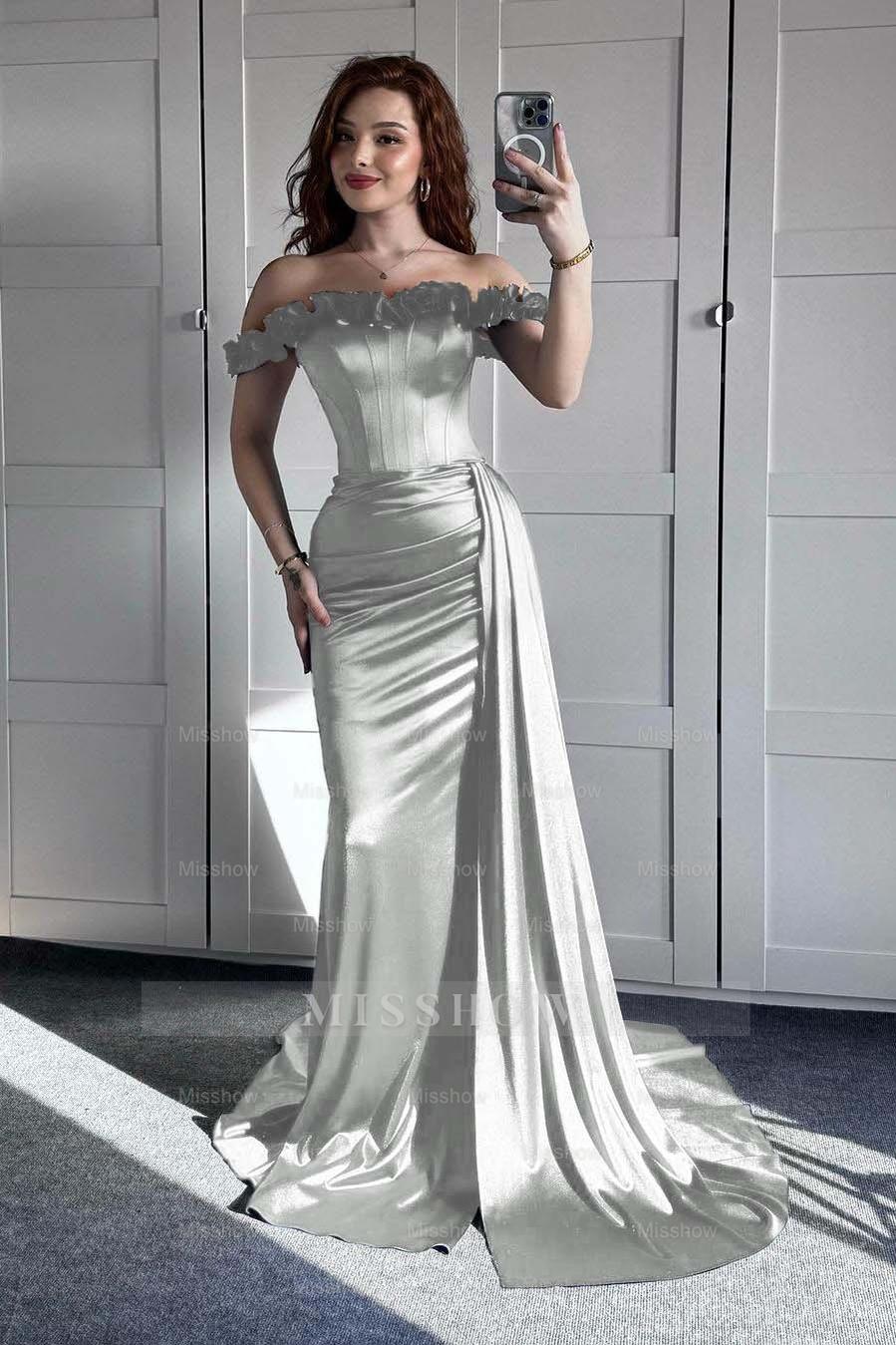 Off the Shoulder Sleeveless Mermaid Long Formal Dress With Ruffles