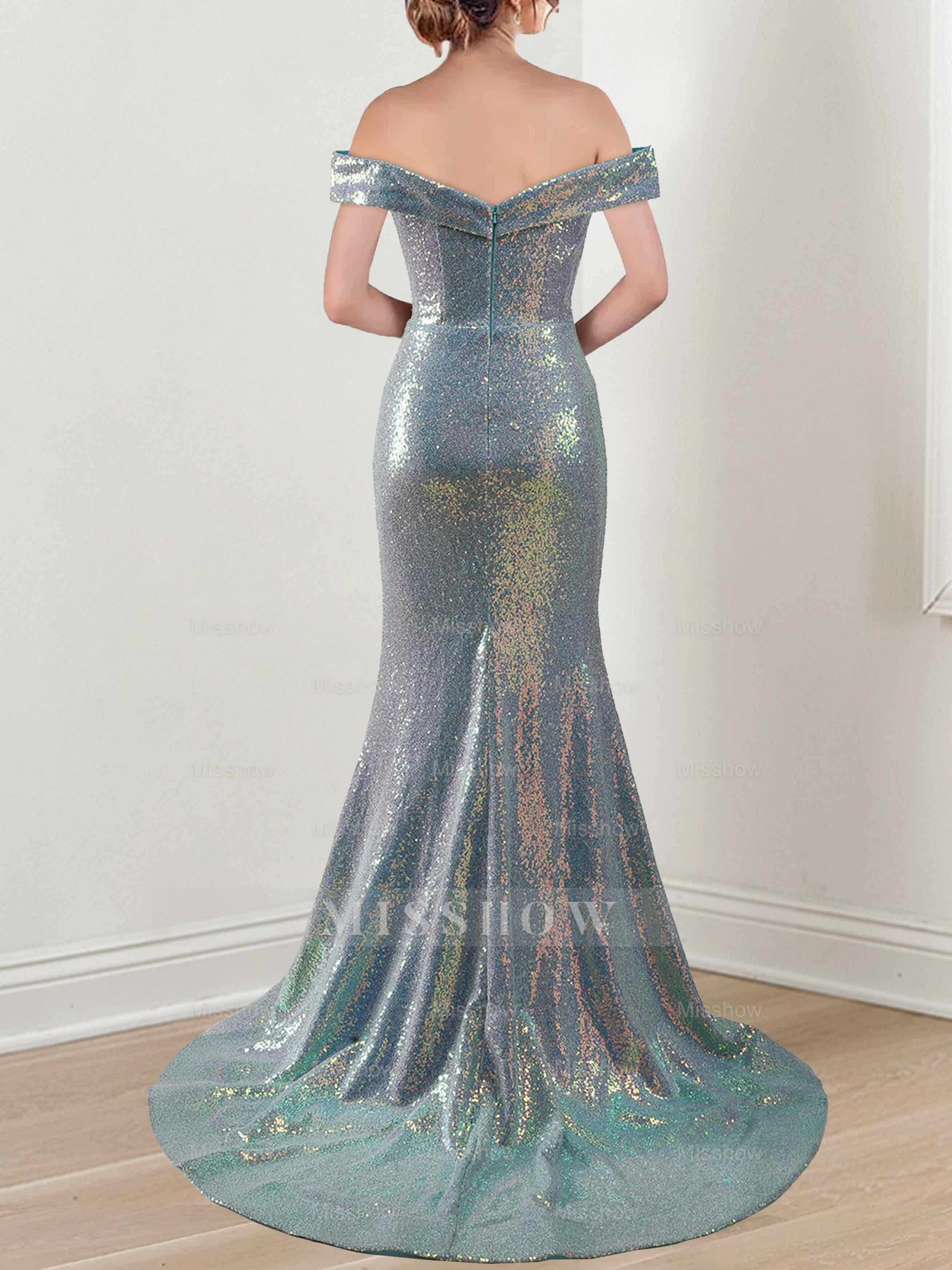 Off-the-Shoulder Sleeveless Mermaid/Trumpet Floor-Length Gown with Side Split Sequins and Ruffles