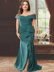 Off-the-Shoulder Sleeveless Plus Size Mother of the Bride Gown with Ruffles