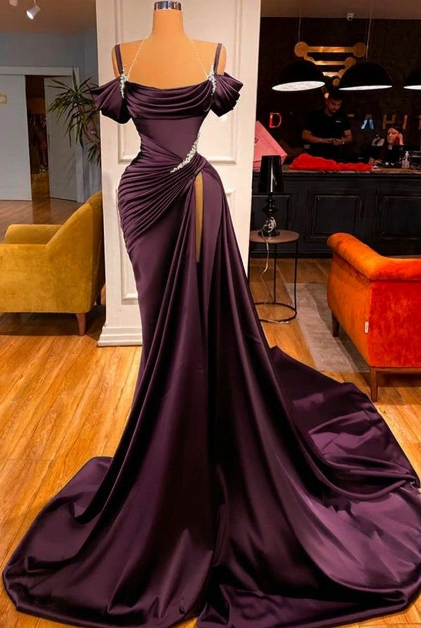 Grape off-the-shoulder ruffled mermaid prom dress