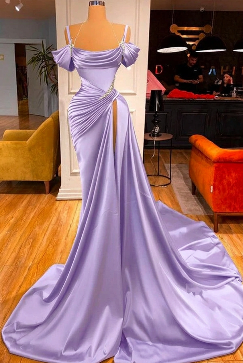 Lavender off-the-shoulder ruffled mermaid prom dress