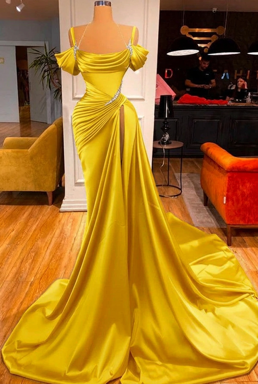Yellow off-the-shoulder ruffled mermaid prom dress