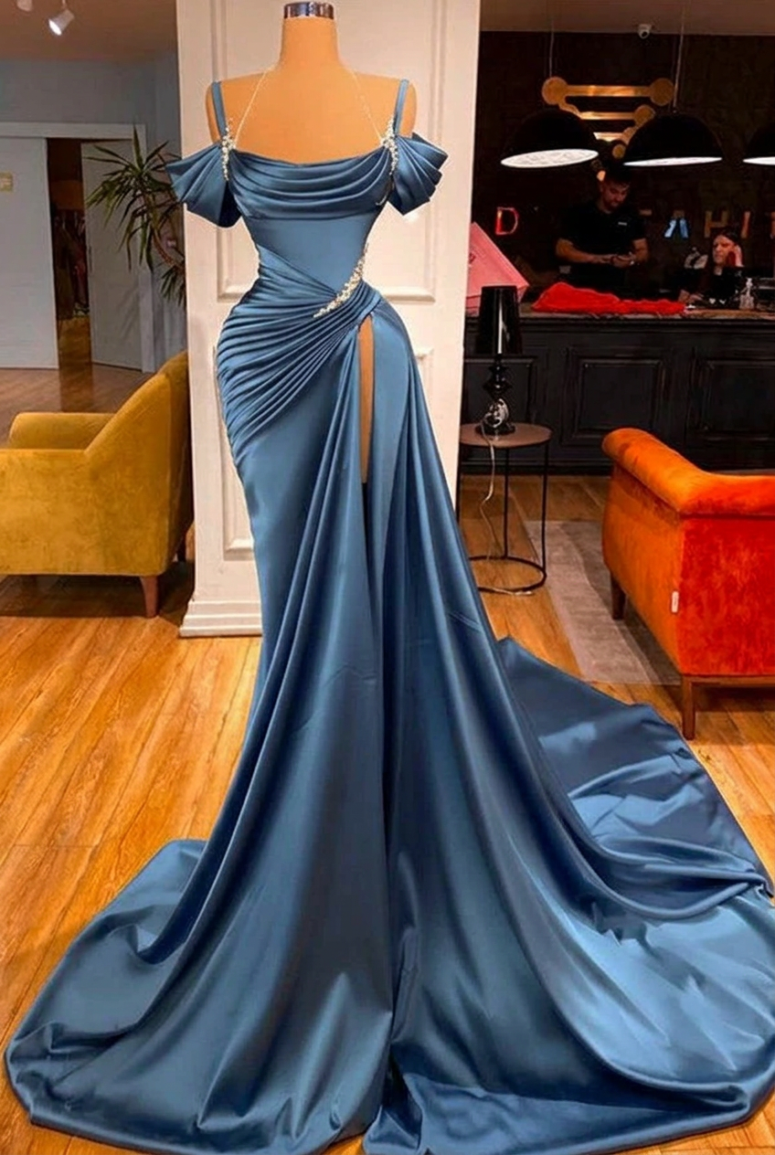 Dusty blue off-the-shoulder ruffled mermaid prom dress