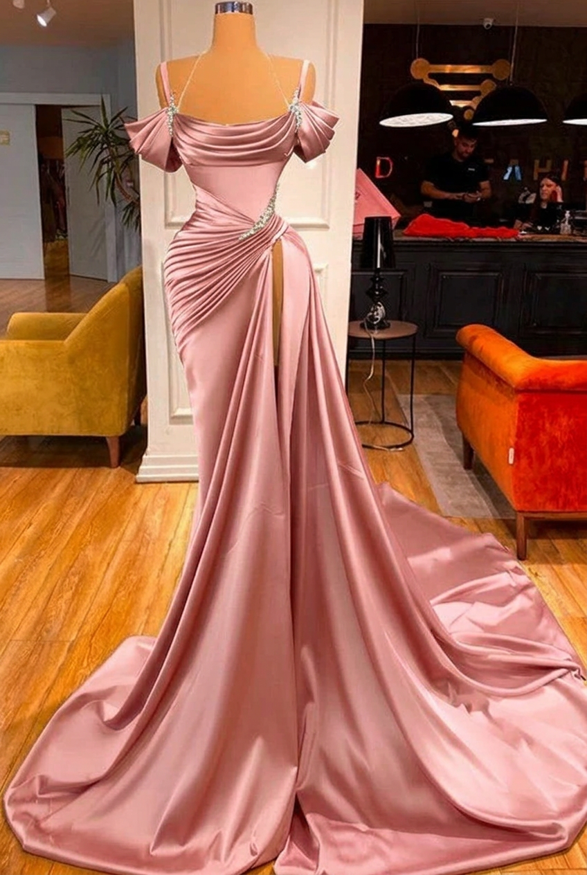 Blushing pink off-the-shoulder ruffled mermaid prom dress