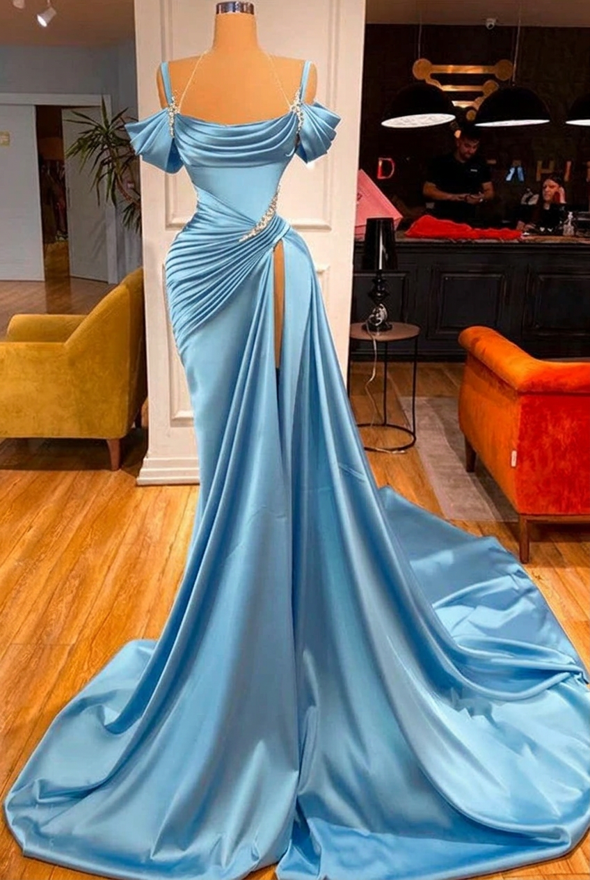 Light blue off-the-shoulder ruffled mermaid prom dress