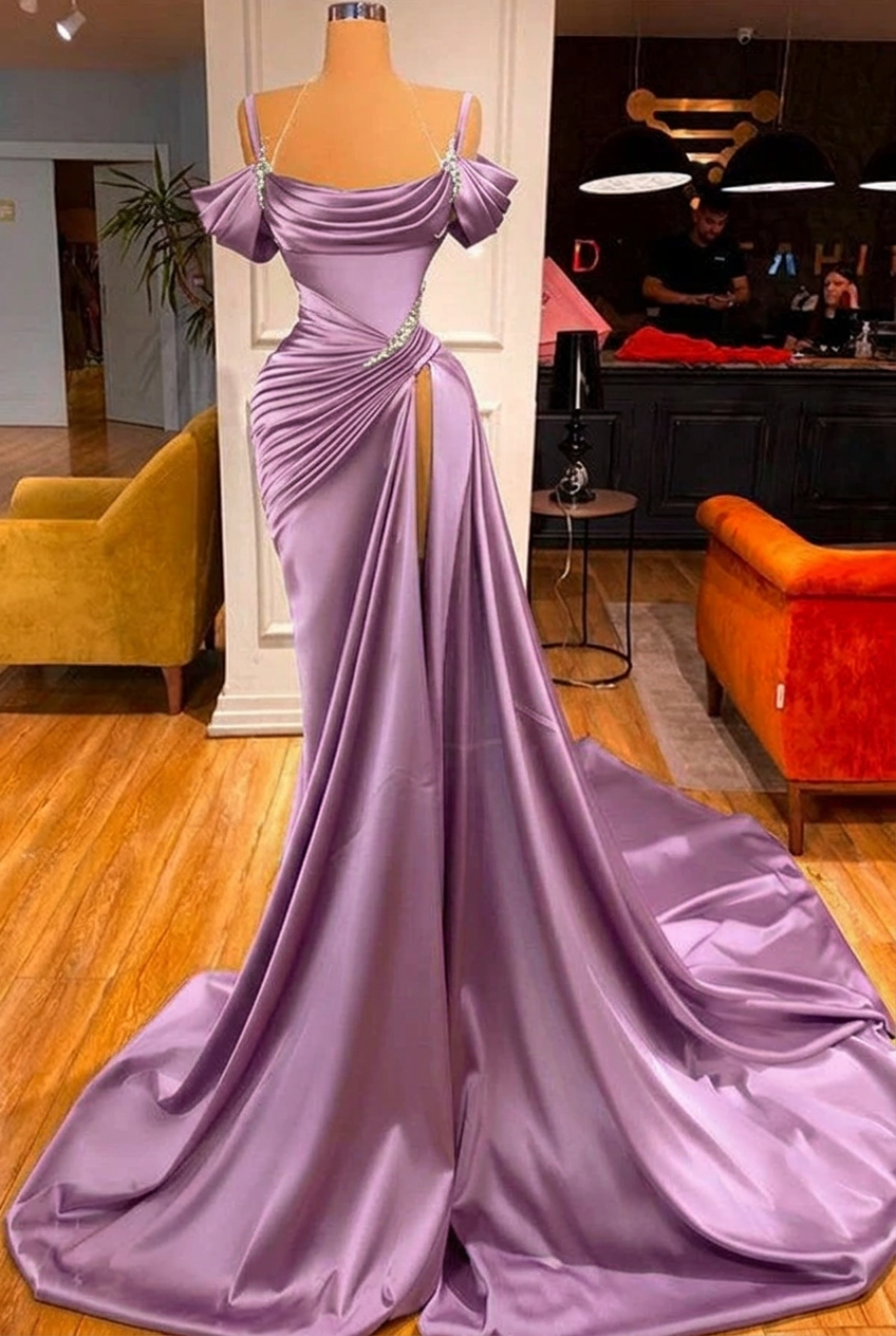 Lilac off-the-shoulder ruffled mermaid prom dress