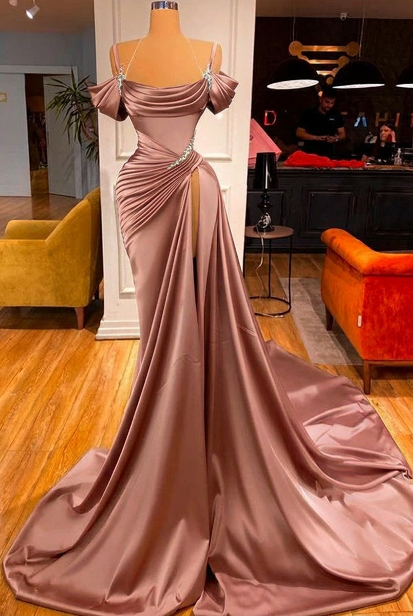 Dusty rose off-the-shoulder ruffled mermaid prom dress
