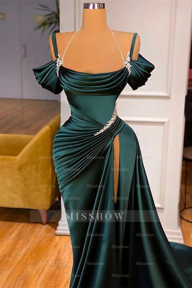 Off-the-Shoulder Sleeveless Ruffle Mermaid Prom Dress Side Slit Floor Length