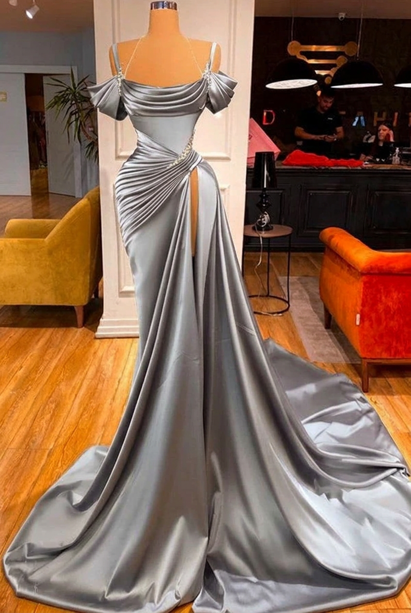 Silver off-the-shoulder ruffled mermaid prom dress