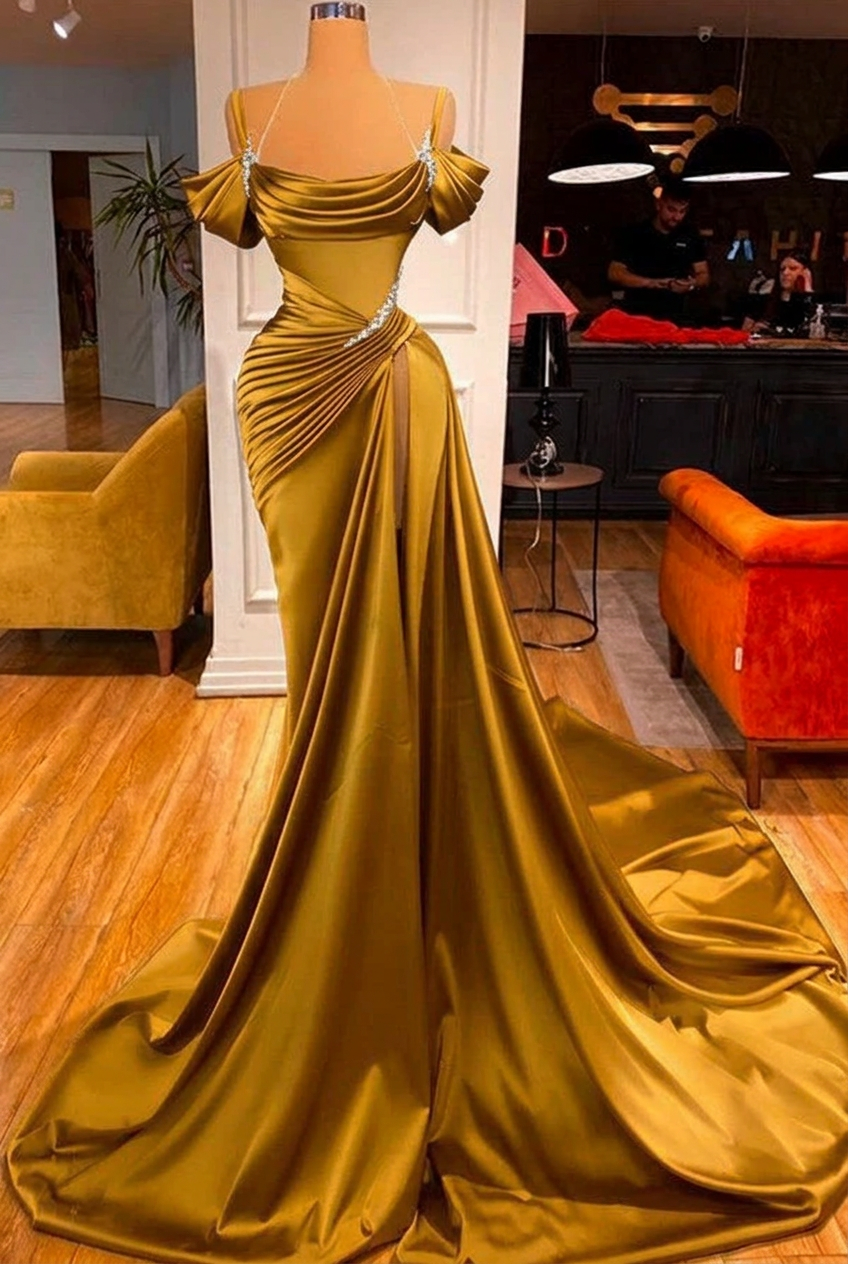 Gold off-the-shoulder ruffled mermaid prom dress
