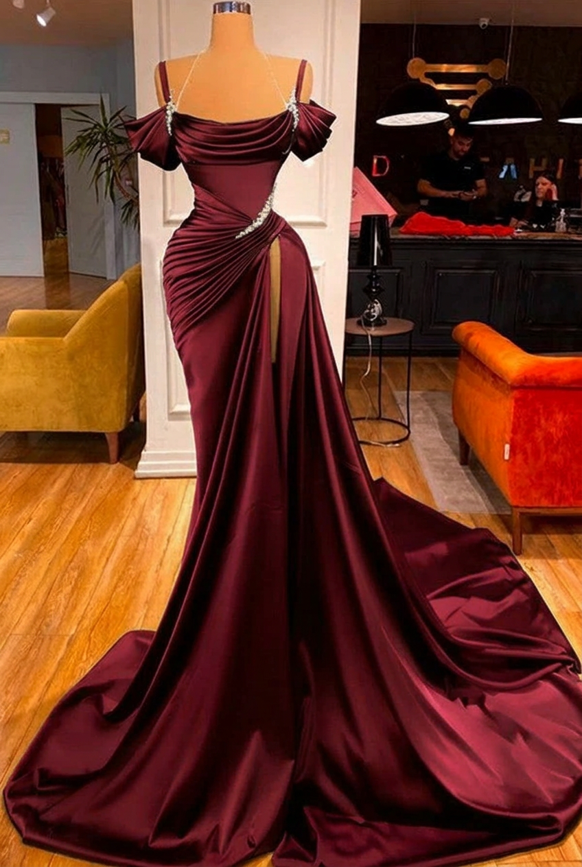 Burgundy off-the-shoulder ruffled mermaid prom dress