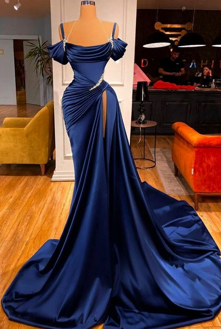 Royal blue off-the-shoulder ruffled mermaid prom dress