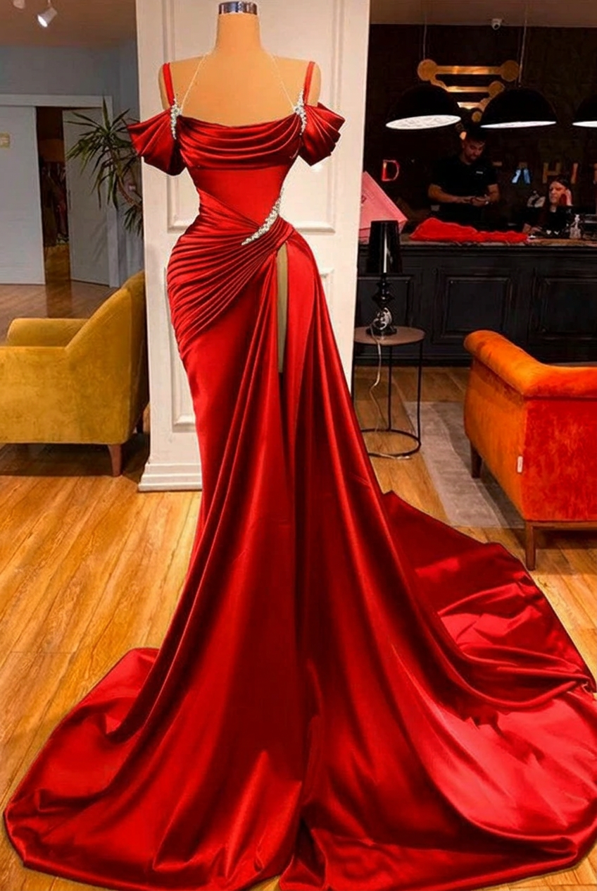 Red off-the-shoulder ruffled mermaid prom dress
