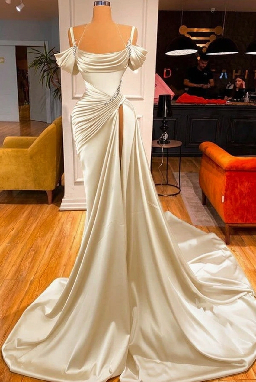 Ivory off-the-shoulder ruffled mermaid prom dress