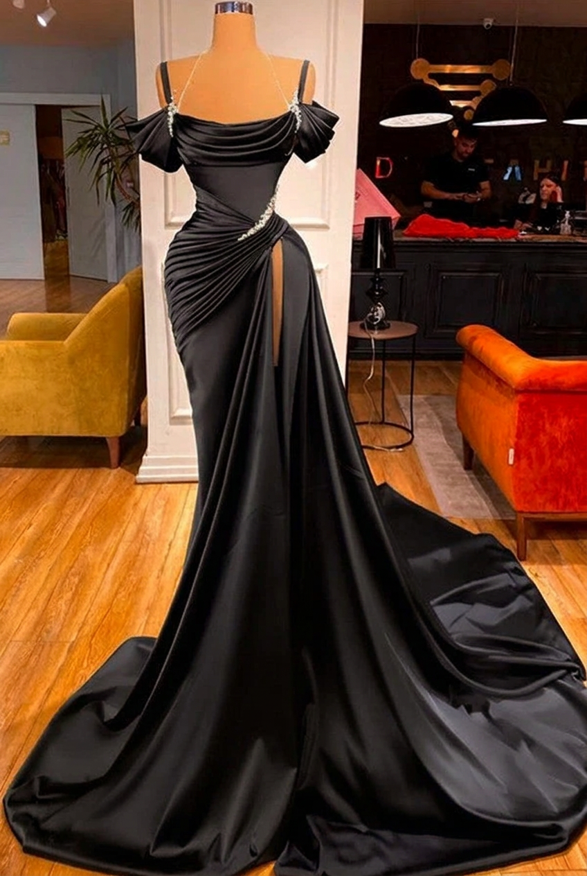 Black off-the-shoulder ruffled mermaid prom dress
