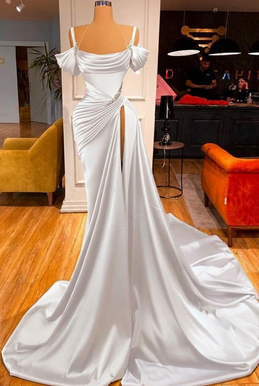 White off-the-shoulder ruffled mermaid prom dress