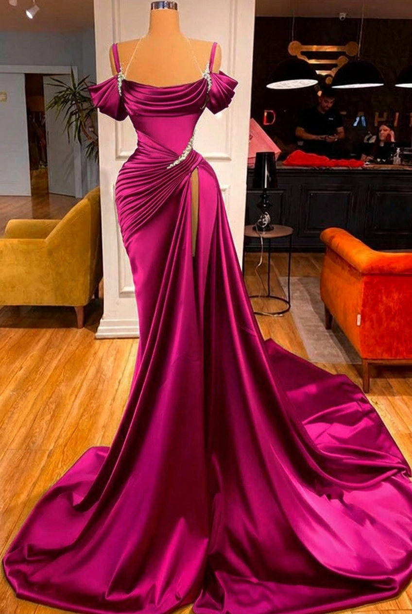 Fuchsia off-the-shoulder ruffled mermaid prom dress