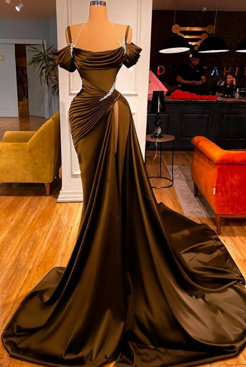 Chocolate off-the-shoulder ruffled mermaid prom dress