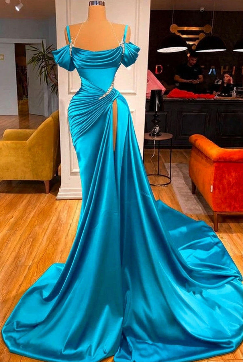 Turquoise off-the-shoulder ruffled mermaid prom dress