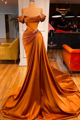 Orange off-the-shoulder ruffled mermaid prom dress