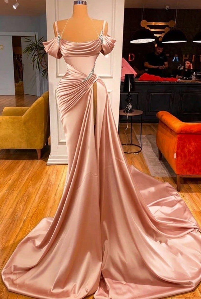 Pearl pink off-the-shoulder ruffled mermaid prom dress