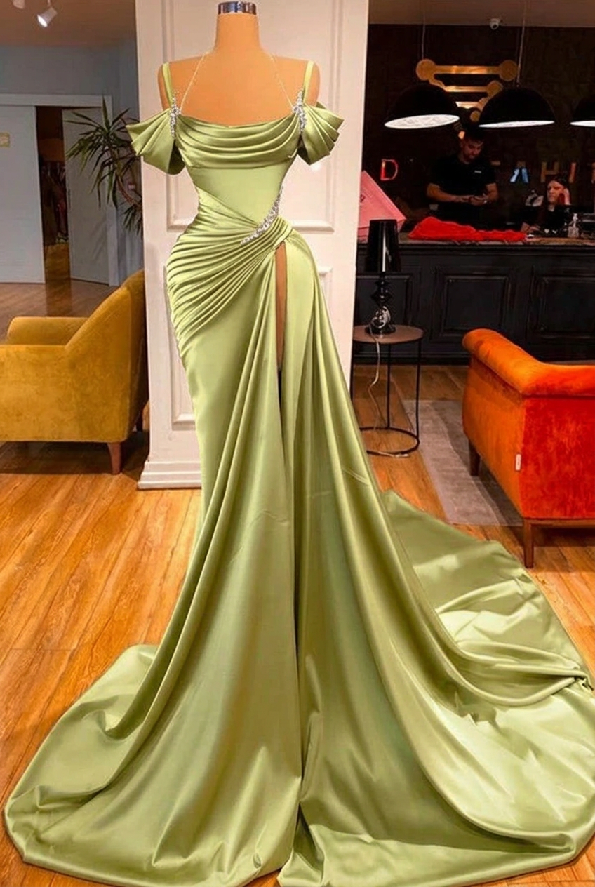 Sage off-the-shoulder ruffled mermaid prom dress