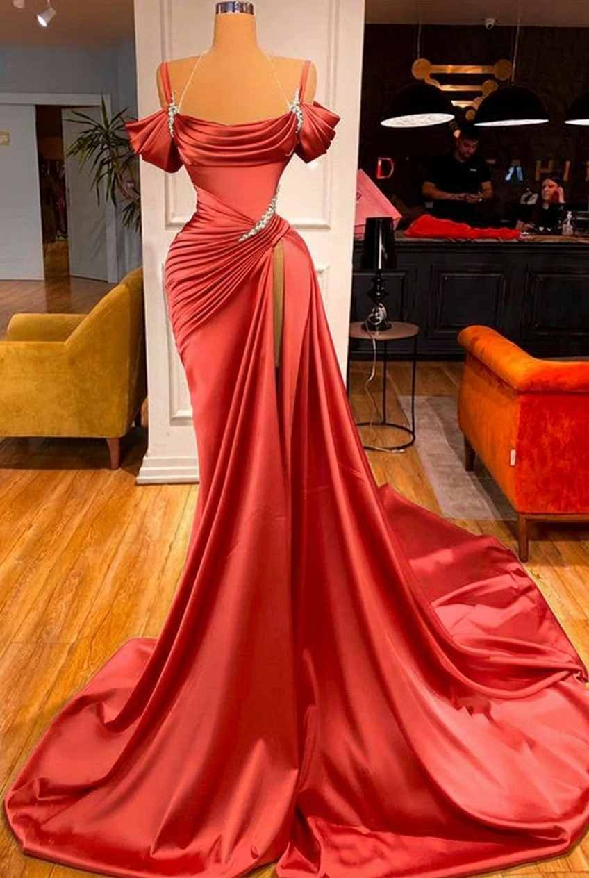 Coral off-the-shoulder ruffled mermaid prom dress