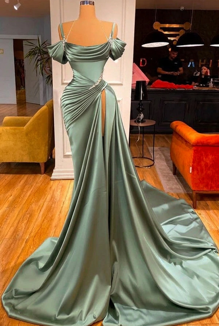 Dusty sage off-the-shoulder ruffled mermaid prom dress