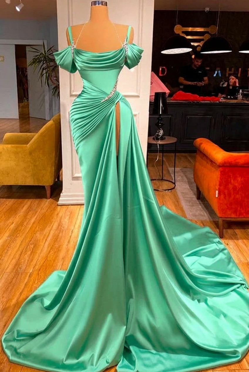 Mint green off-the-shoulder ruffled mermaid prom dress