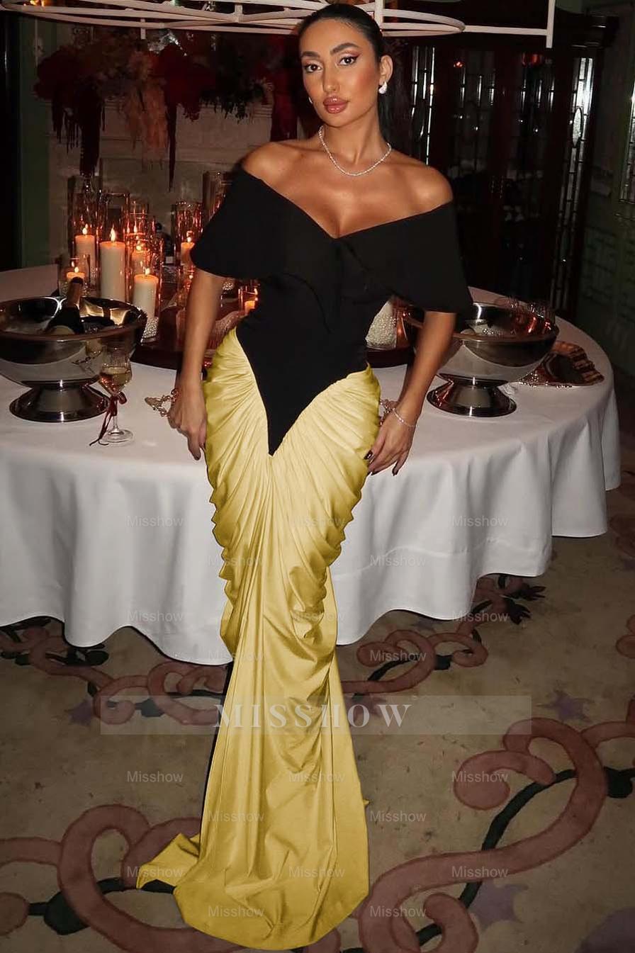 Off The Shoulder Strapless Mermaid Long Formal Dress with Pleated Gloves