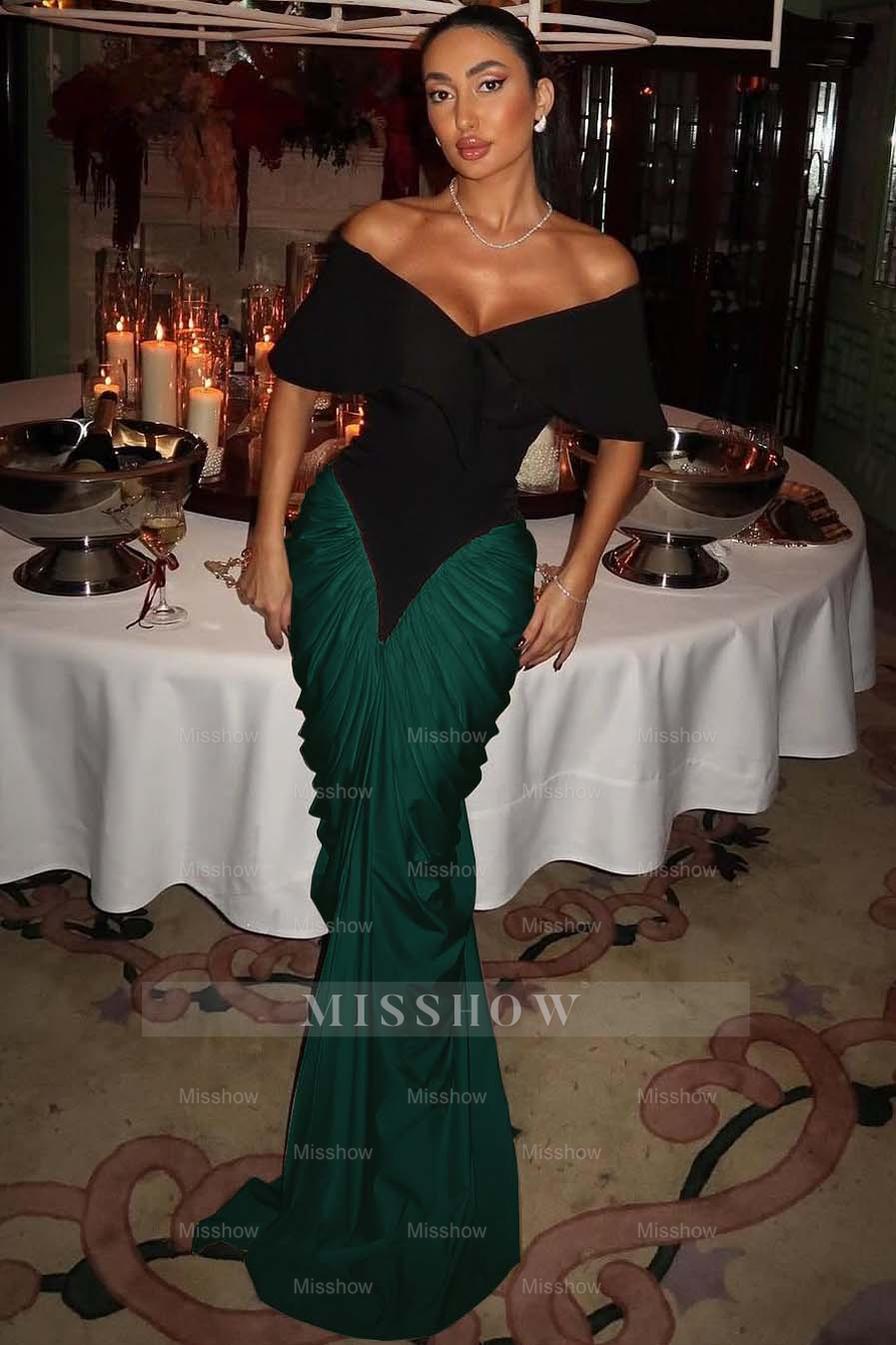 Off the Shoulder Strapless Mermaid Long Formal Dress With Pleated Gloves