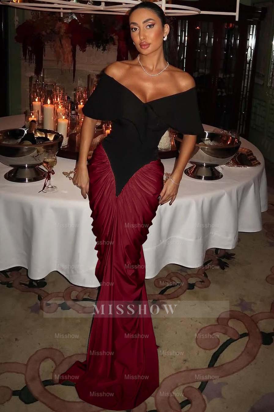 Off the Shoulder Strapless Mermaid Long Formal Dress With Pleated Gloves