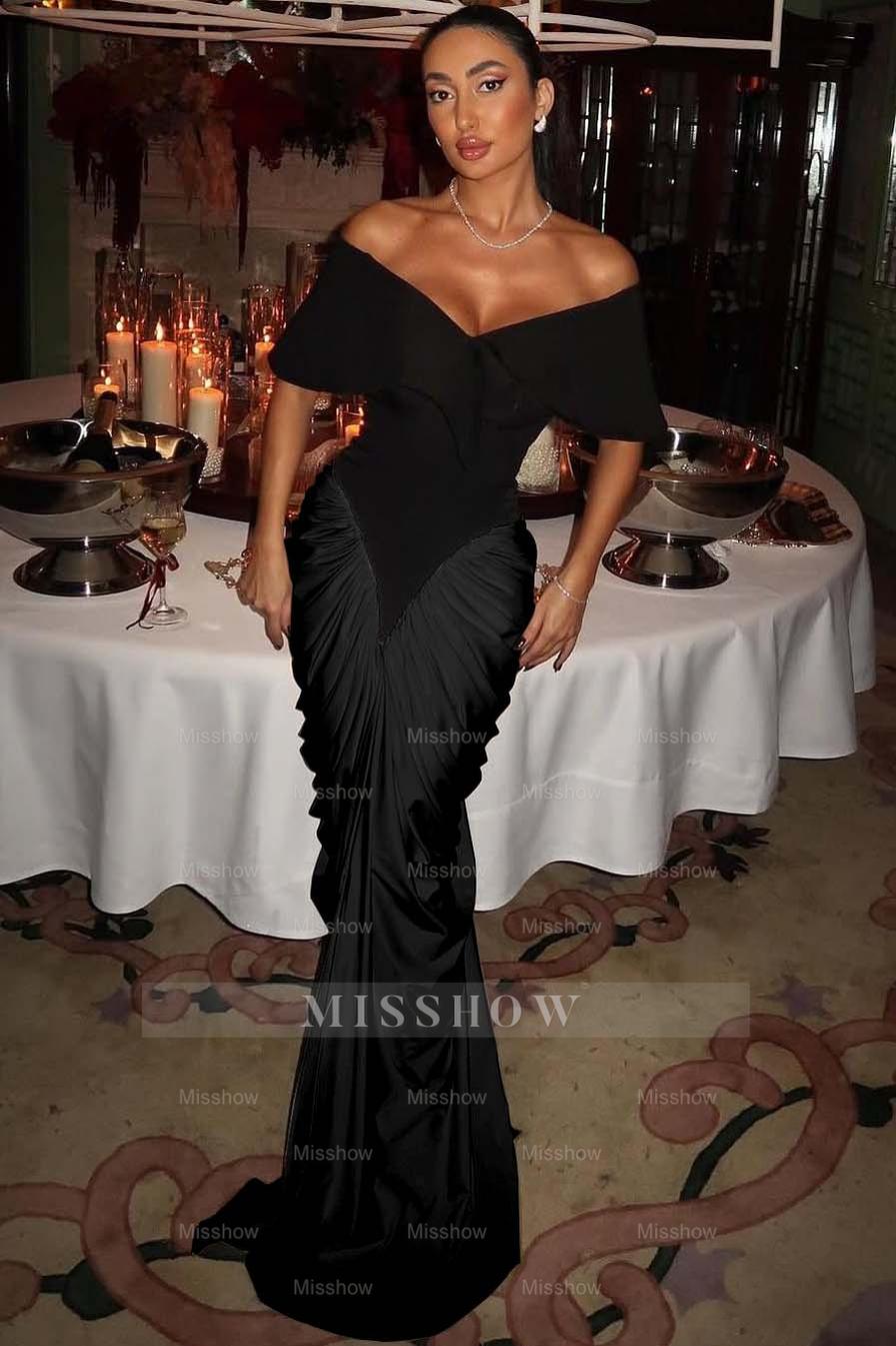 Off the Shoulder Strapless Mermaid Long Formal Dress With Pleated Gloves