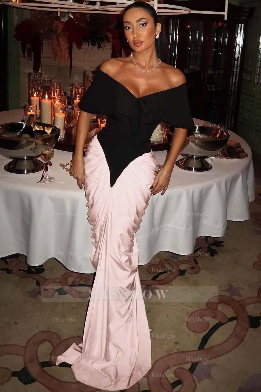 Off The Shoulder Strapless Mermaid Long Formal Dress with Pleated Gloves