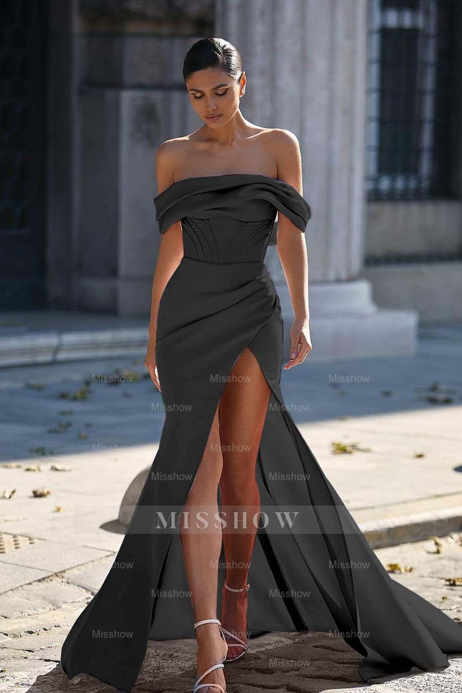 Off the Shoulder Strapless Sleeveless Split Long Formal Dress With Pleated